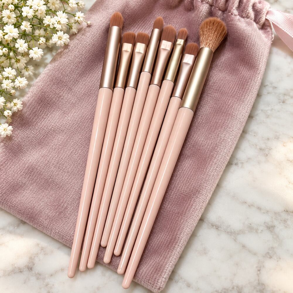 Pink & Rose Gold Makeup Brush Set with Velvet Drawstring Pouch